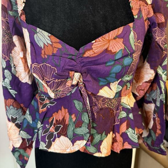 Land of the Free Floral Boho Long Sleeve Smocked Back Top XS Purple Ivory NWT - Picture 7 of 7